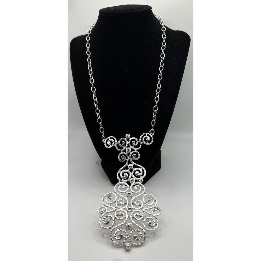 Emmons Vintage Large Filigree Statement Necklace Silver Scroll Pendant‎ 27"